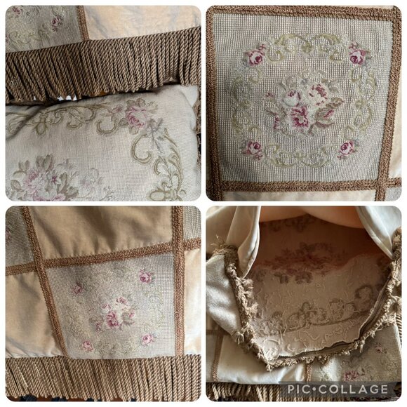Shabby Tapestry Throw Tassel Pillow Set Beige Cover Floral Embroidered Vintage - Picture 6 of 16